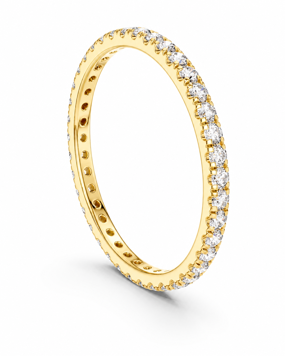 color_10K_YG, color_14K_YG &&	
A yellow gold eternity ring featuring a continuous row of round-cut clear gemstones on a clean white background.