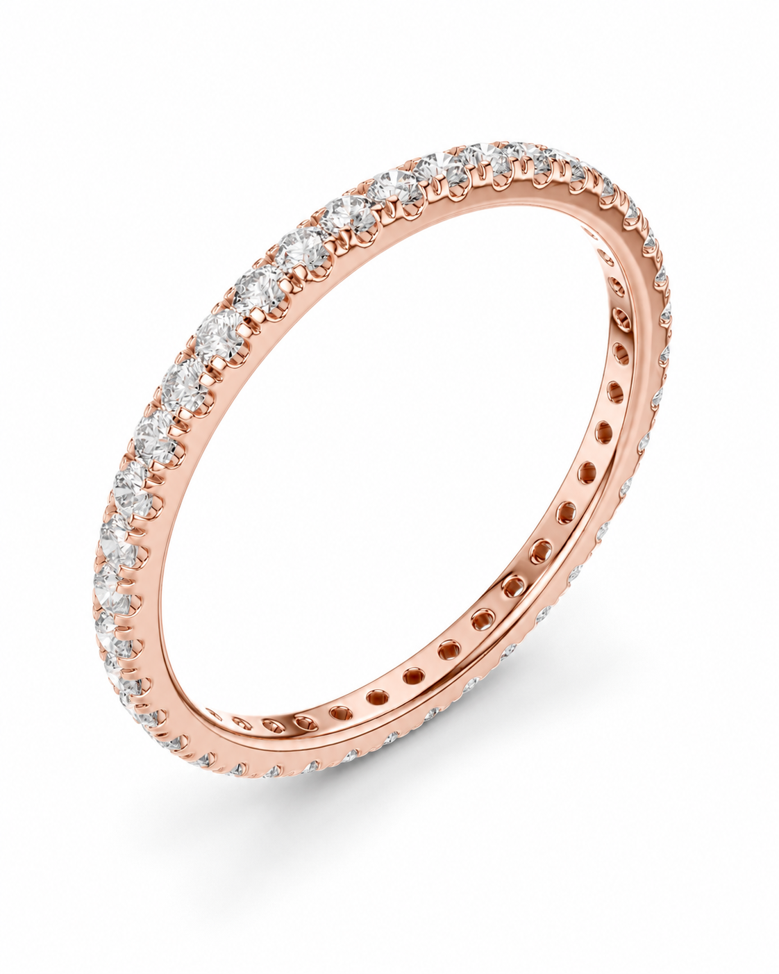 color_10K_RG, color_14K_RG &&	A rose gold eternity band ring set with round diamonds, shown at an angle on a clean white background.