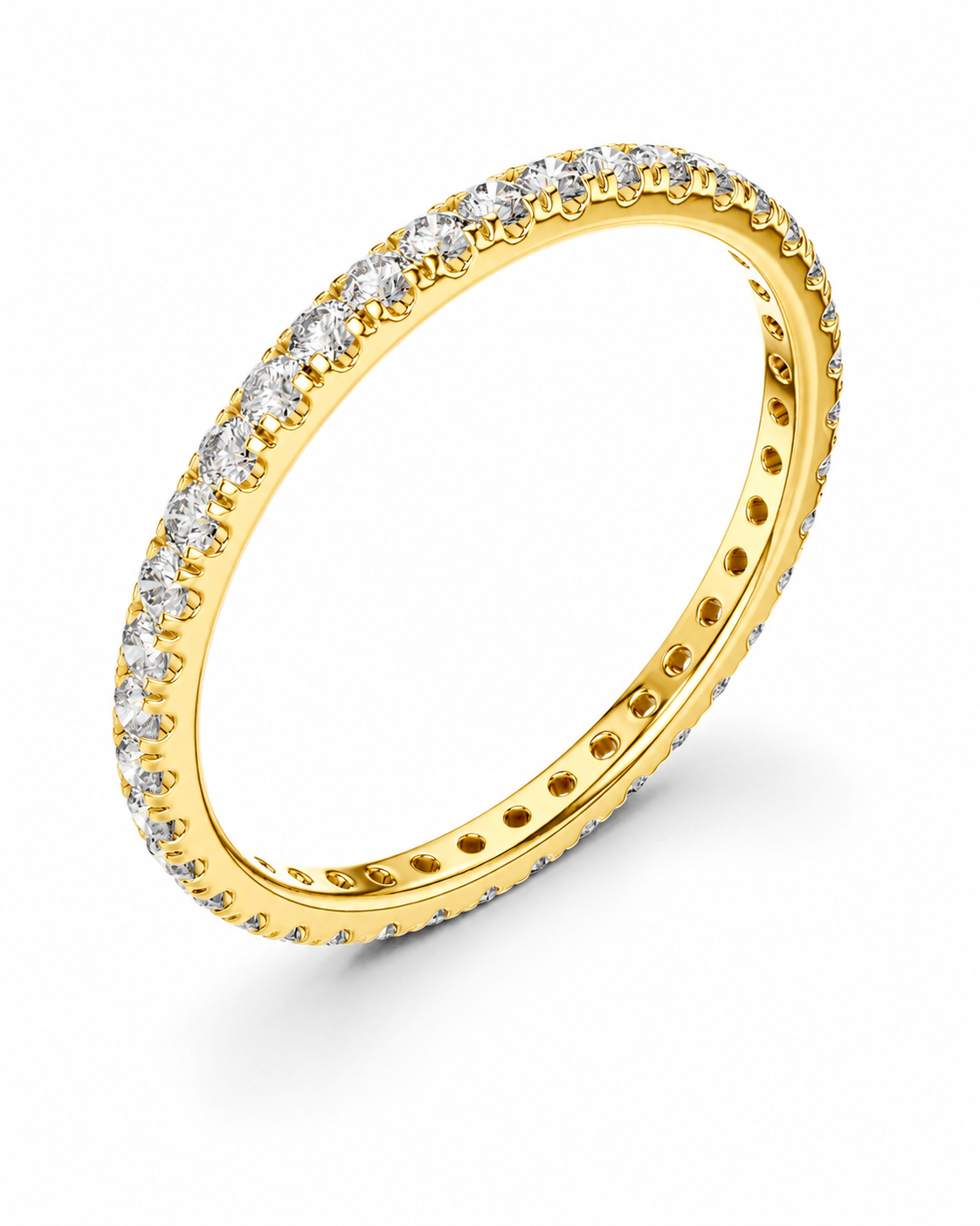 color_10K_YG, color_14K_YG &&	
A yellow gold eternity ring set with a continuous row of round-cut clear gemstones, shown at an angle on a clean white background.