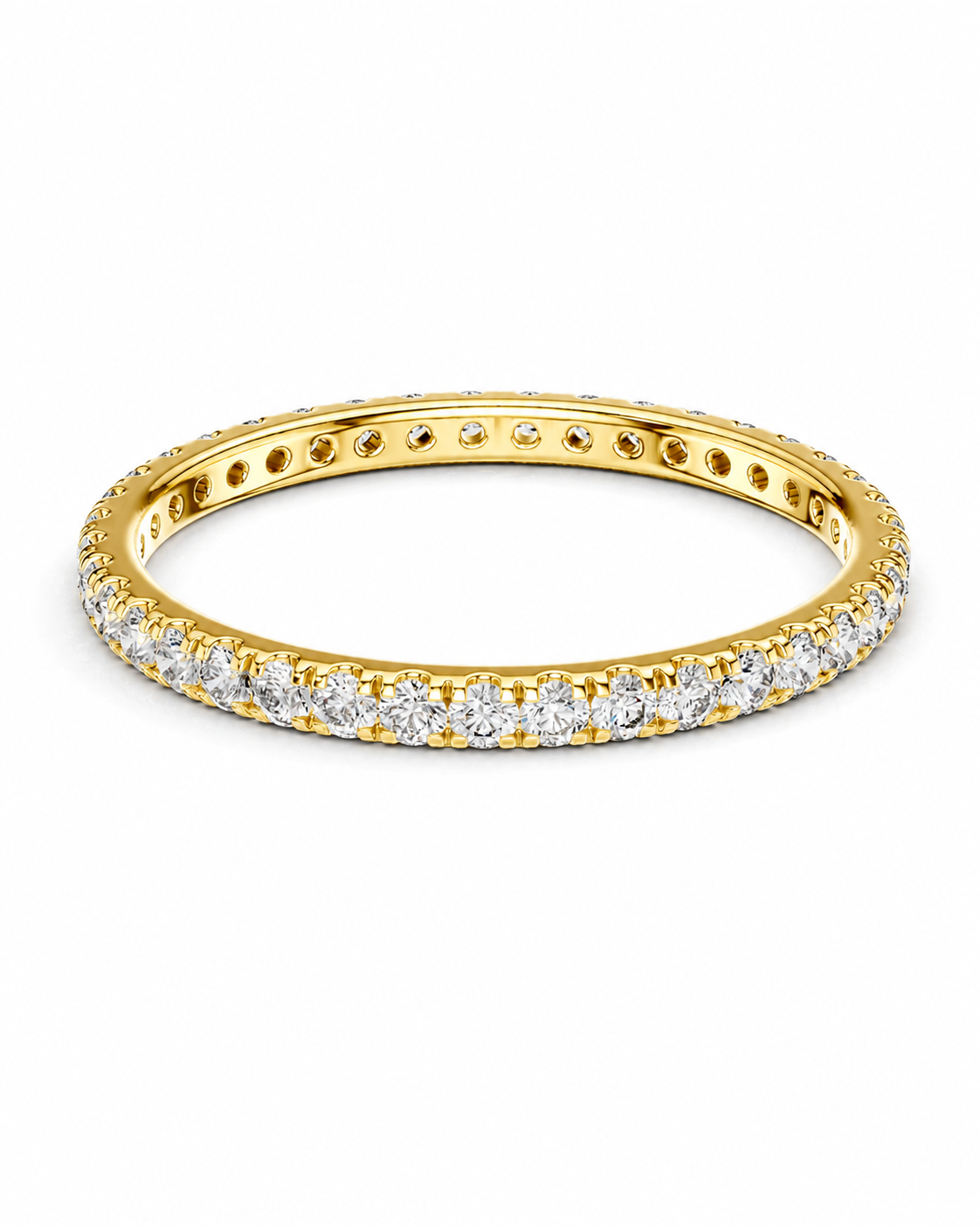 color_10K_YG, color_14K_YG &&	
A yellow gold eternity ring set with round brilliant-cut diamonds, shown on a clean white background.