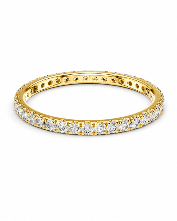 color_10K_YG, color_14K_YG &&	
A yellow gold eternity ring set with round brilliant-cut diamonds, shown on a clean white background.