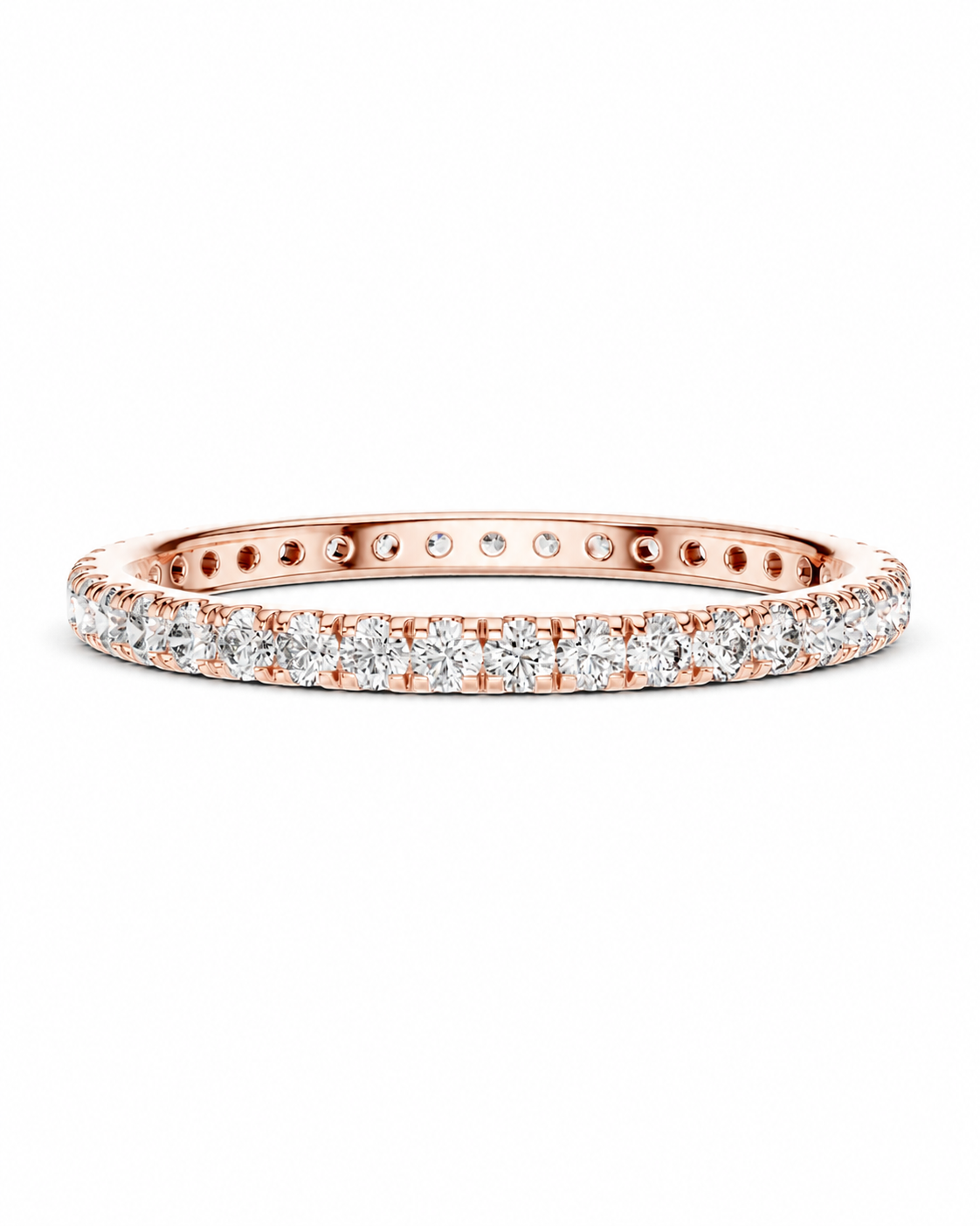 color_10K_RG, color_14K_RG &&	A rose gold eternity ring set with round diamonds, shown in a side profile on a clean white background.