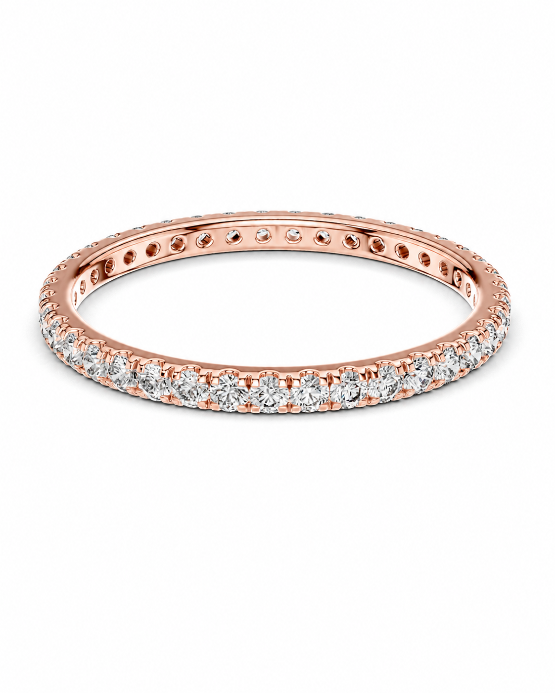 color_10K_RG, color_14K_RG &&	A rose gold eternity ring set with clear round-cut gemstones, shown on a clean white background.
