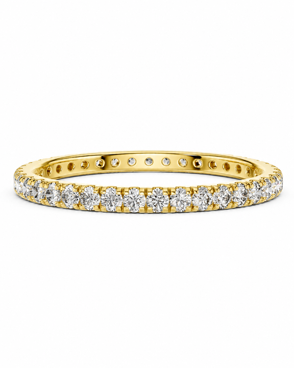 color_10K_YG, color_14K_YG &&	
A yellow gold eternity ring featuring a continuous row of round-cut clear diamonds in a prong setting, shown against a plain white background.
