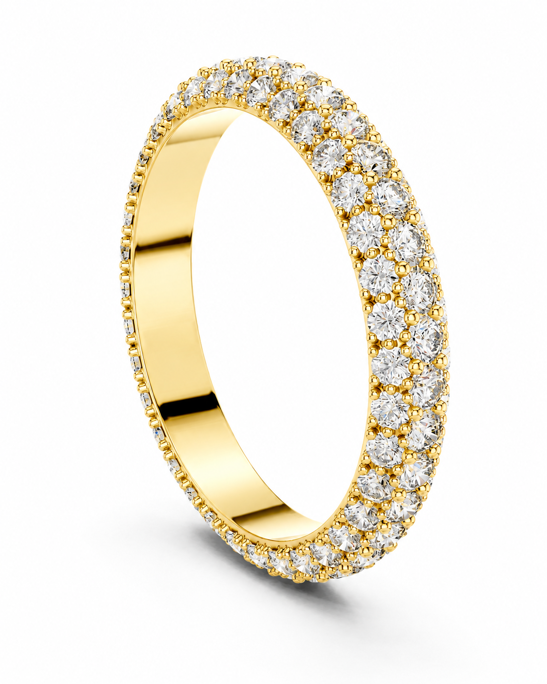 color_10K_YG, color_14K_YG &&	
A yellow gold eternity ring paved with round brilliant-cut diamonds, shown at an angle on a clean white background.