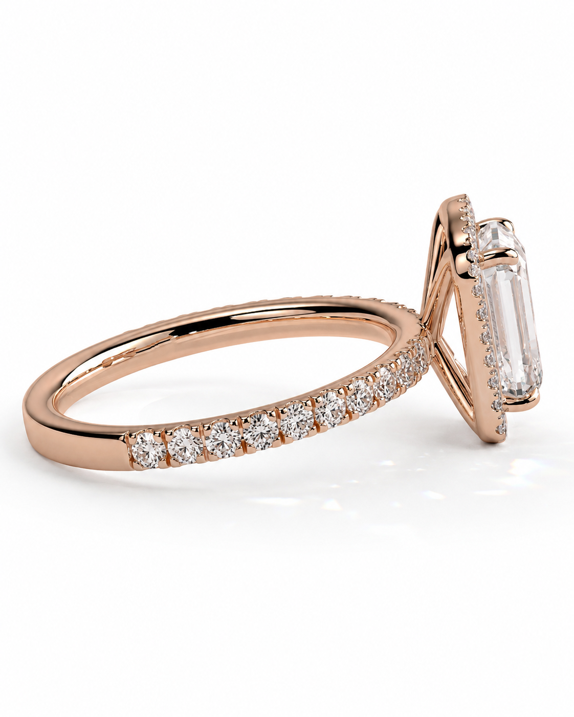 color_10K_RG, color_14K_RG &&Rose gold diamond ring with a large emerald-cut center stone and a pave band, shown on a clean white background.