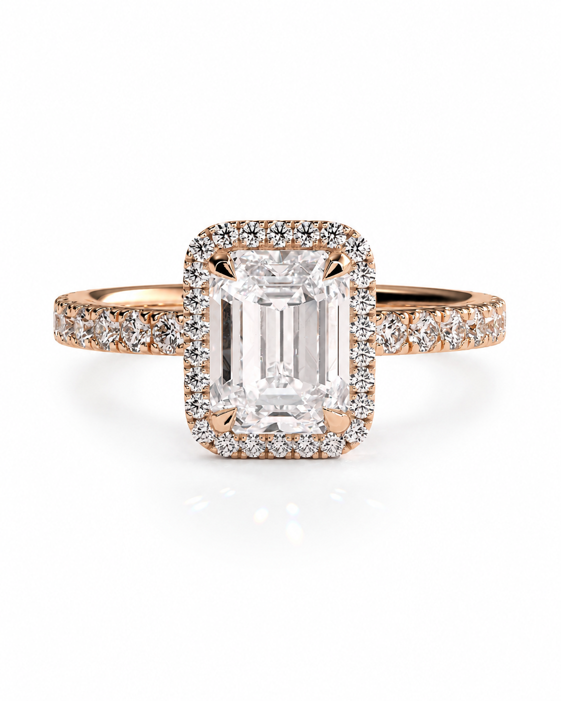 color_10K_RG, color_14K_RG &&Rose gold halo engagement ring featuring a large emerald-cut center diamond surrounded by a double halo of smaller diamonds, with a diamond-encrusted shank, shown on a white background.