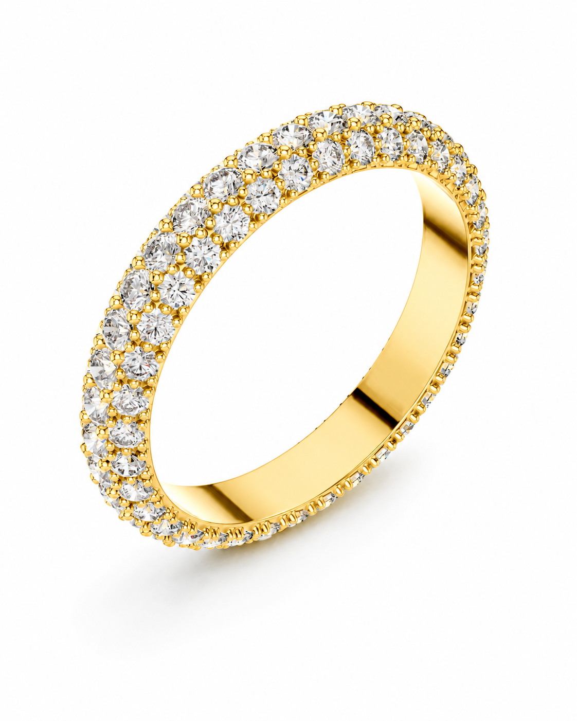 color_10K_YG, color_14K_YG &&	
A yellow gold eternity ring paved with round clear diamonds, shown at an angle on a clean white background.