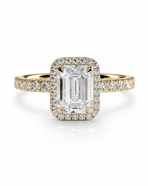 color_10K_YG, color_14K_YG &&A yellow gold emerald-cut halo ring with a diamond-set band, centered on a clean white background.