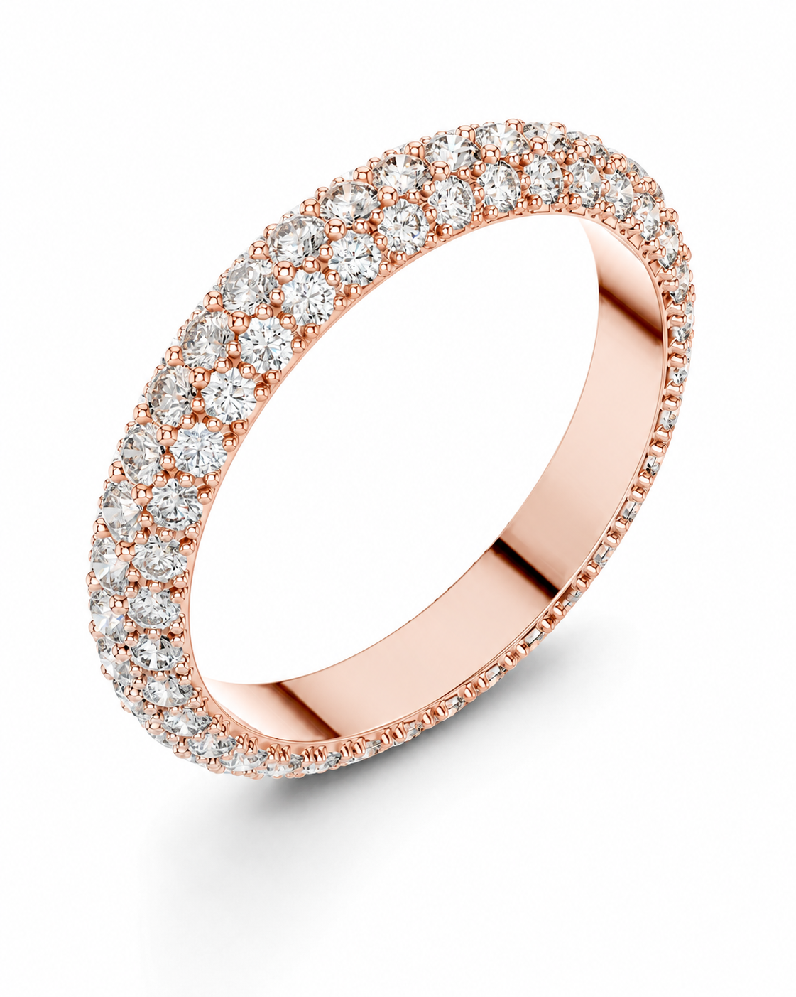 color_10K_RG, color_14K_RG &&	A rose gold eternity ring paved with round diamonds, shown at an angle on a clean white background.