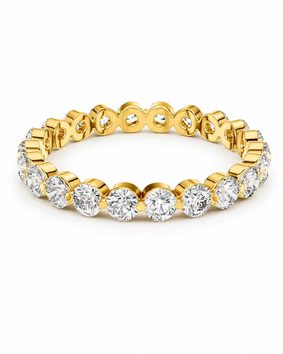 color_10K_YG, color_14K_YG &&	
A yellow gold eternity ring featuring a continuous row of round brilliant-cut diamonds in a bezel setting, displayed on a clean white background.