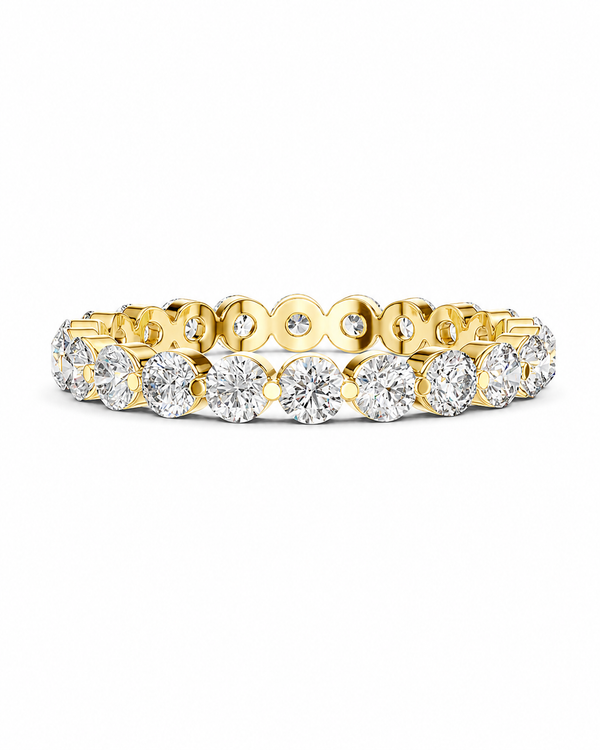 color_10K_YG, color_14K_YG &&	
A yellow gold eternity band ring featuring a continuous row of round brilliant-cut diamonds in a prong setting, shown against a plain white background.
