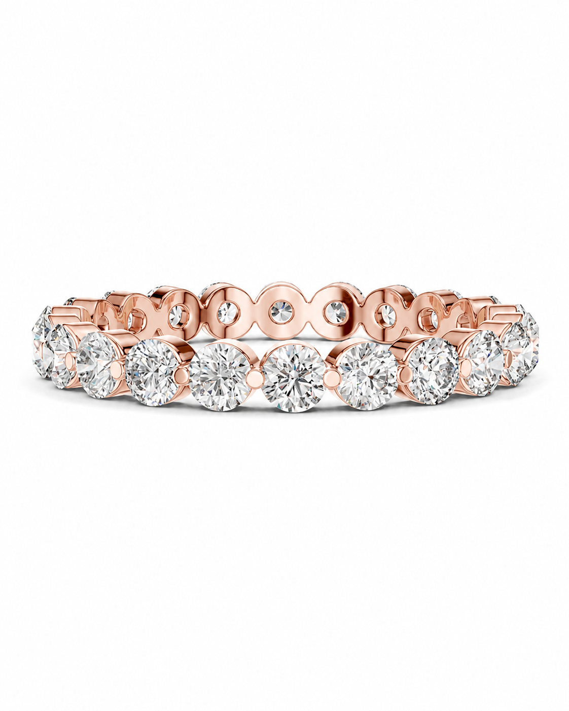 color_10K_RG, color_14K_RG &&	A rose gold eternity bracelet featuring round brilliant-cut diamonds set in a continuous band, shown against a plain white background.