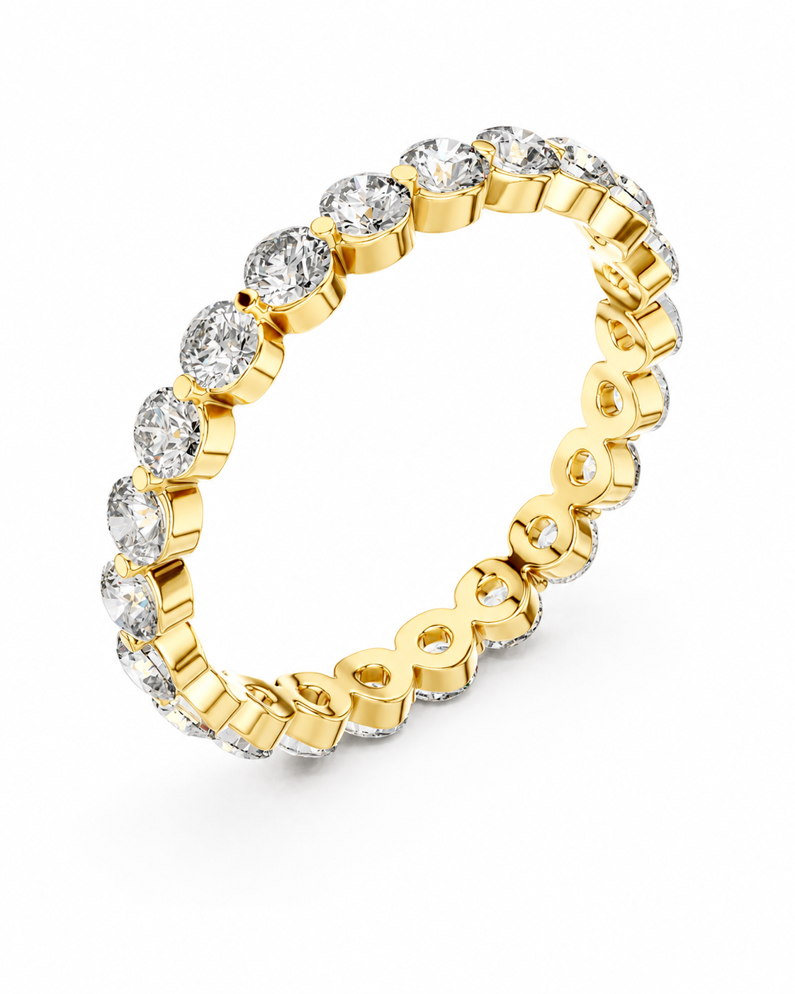 color_10K_YG, color_14K_YG &&	
A yellow gold eternity ring featuring a continuous row of round-cut clear gemstones in a prong setting, shown on a clean white background.