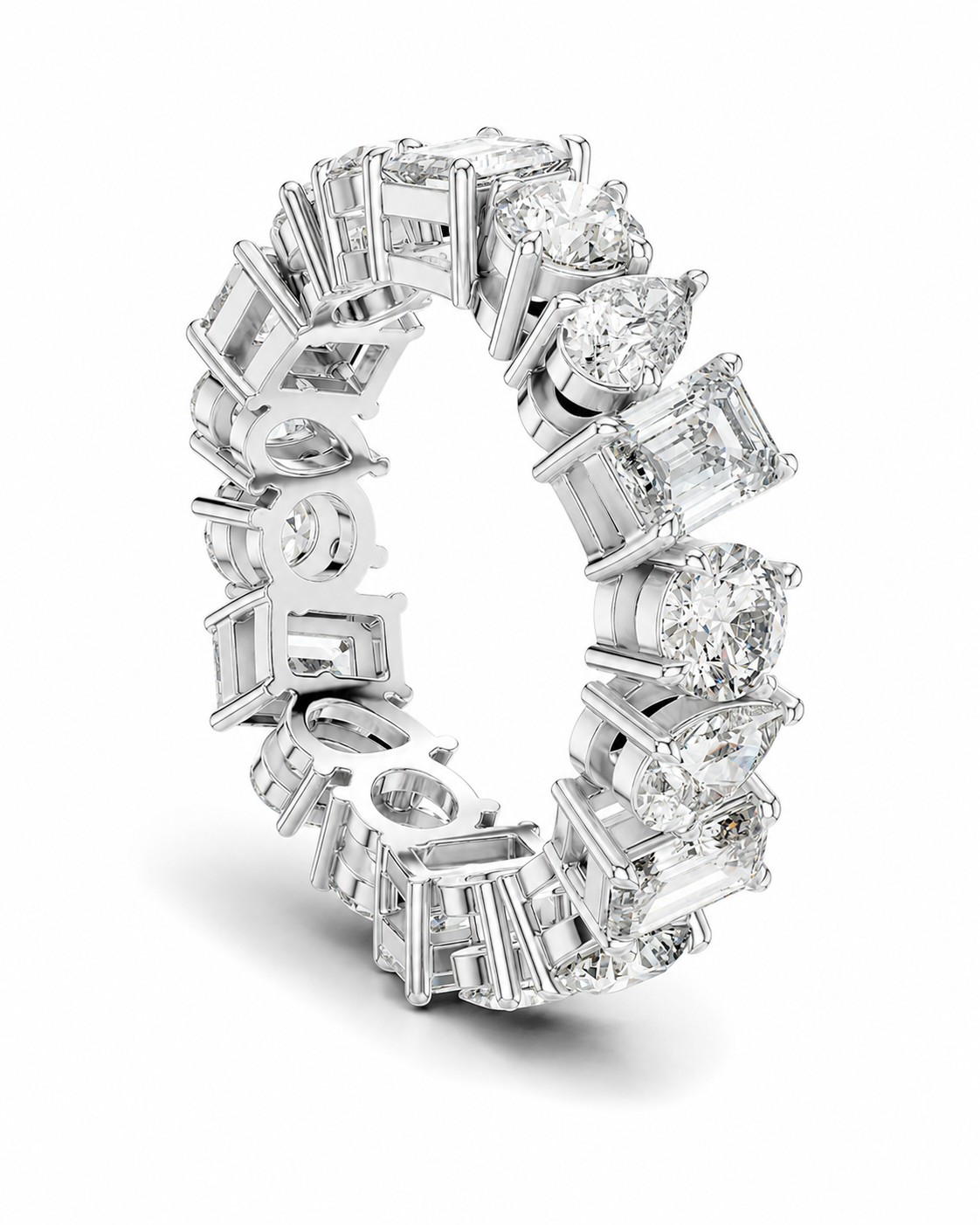 color_925_SIL,color_935_ARG,color_10K_WG, color_14K_WG &&	
A silver-toned eternity ring featuring a continuous row of clear gemstones in baguette, round, and pear shapes, set against a clean white background.
