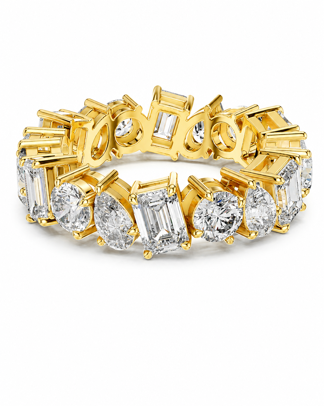 color_10K_YG, color_14K_YG &&	
A yellow gold eternity band featuring a continuous row of clear baguette and round-cut gemstones, photographed on a clean white background.