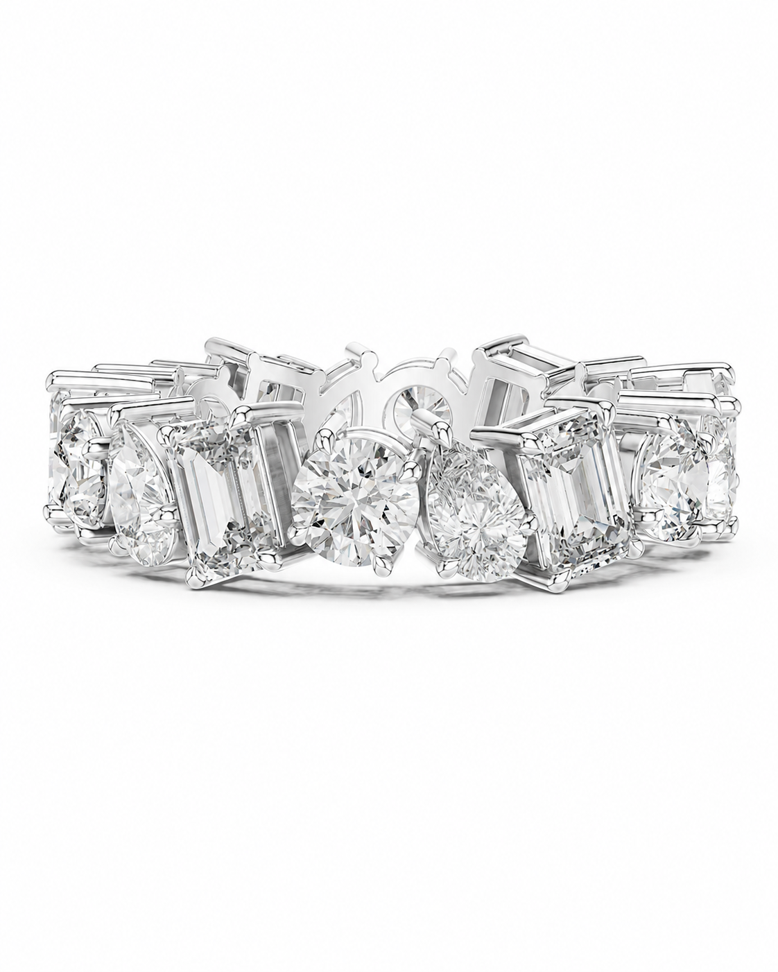 color_925_SIL,color_935_ARG,color_10K_WG, color_14K_WG &&	
A diamond eternity band ring in a silver-toned setting, featuring round brilliant-cut center diamonds and baguette side diamonds, shown on a plain white background.