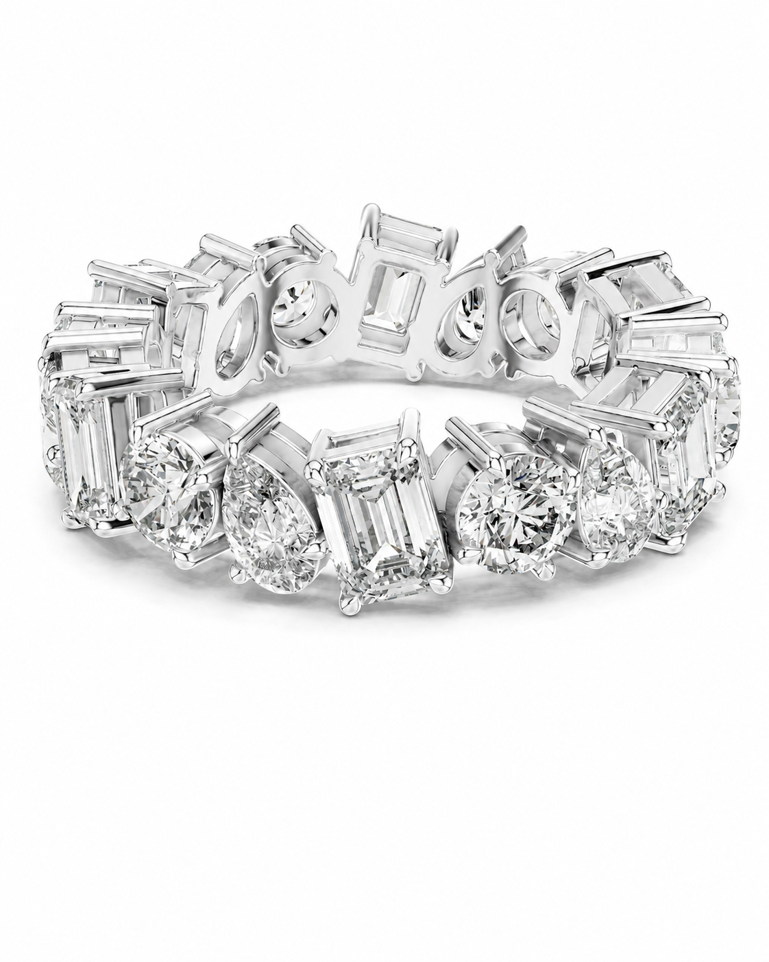color_925_SIL,color_935_ARG,color_10K_WG, color_14K_WG &&	
A silver-toned eternity band ring featuring a continuous row of clear gemstones in baguette, pear, and round cuts, set against a plain white background.