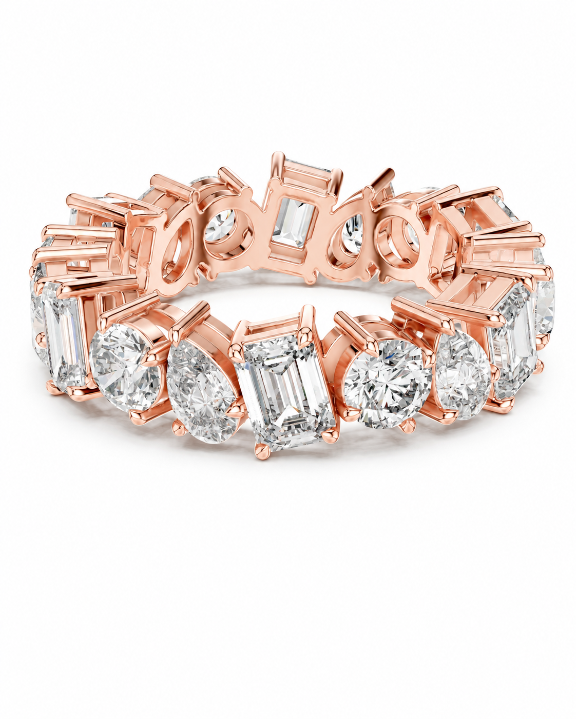 color_10K_RG, color_14K_RG &&	A rose gold eternity band featuring a continuous row of baguette and round-cut clear gemstones, photographed on a clean white background.