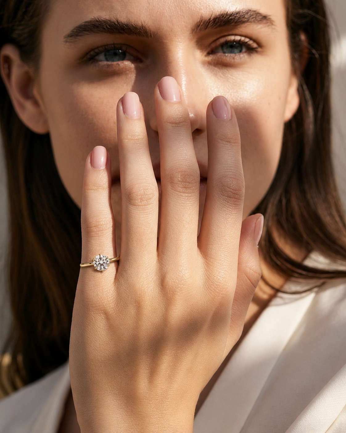 color_10K_YG, color_14K_YG &&A close-up lifestyle shot of a woman wearing a delicate gold ring with a small round-cut diamond cluster on her ring finger, with her hand covering part of her face.