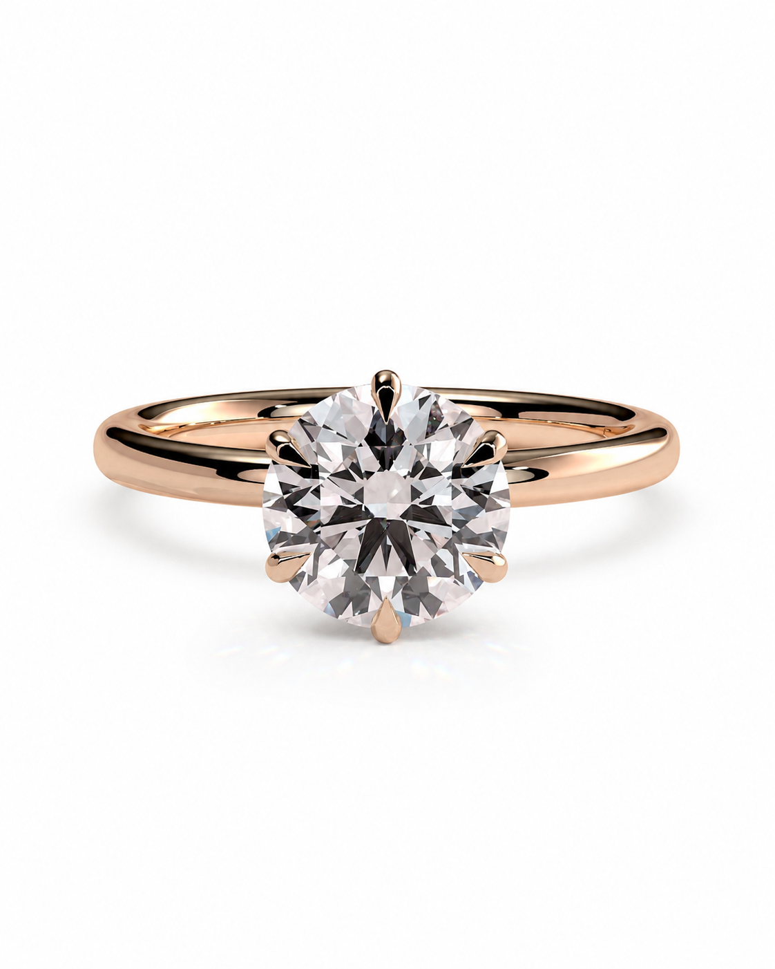 color_10K_RG, color_14K_RG &&A classic solitaire engagement ring featuring a round brilliant-cut diamond set in a polished rose gold six-prong setting, on a clean white background.