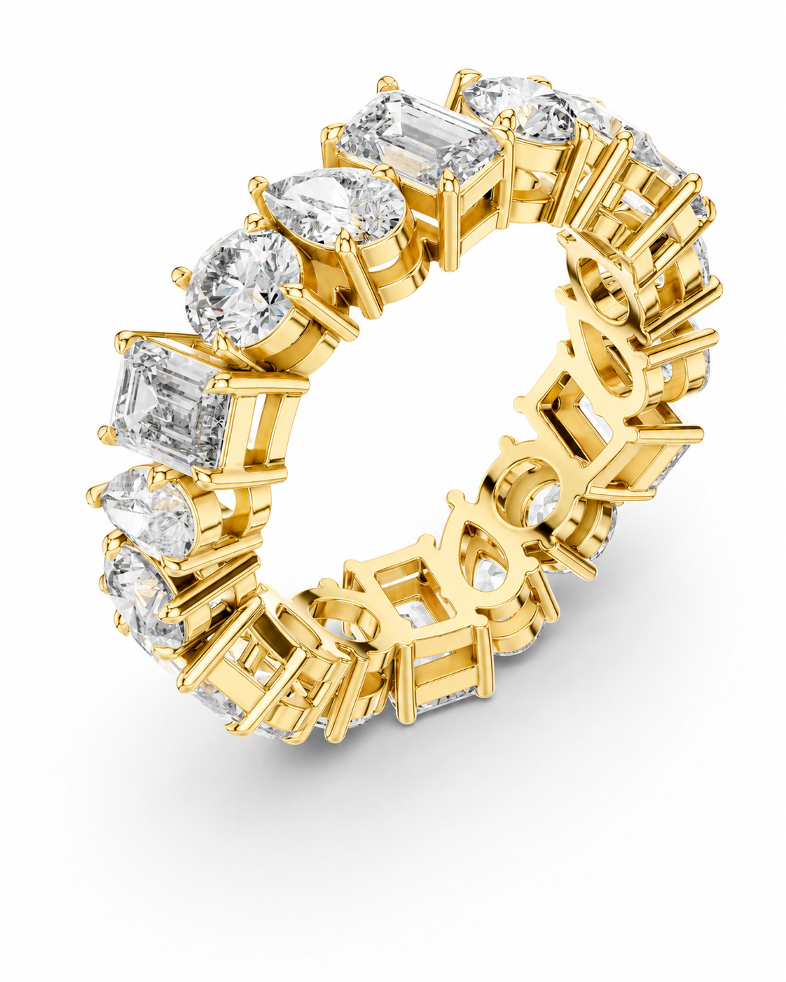 color_10K_YG, color_14K_YG &&	
A yellow gold eternity ring featuring a continuous row of clear gemstones in round, baguette, and pear shapes, set against a clean white background.
