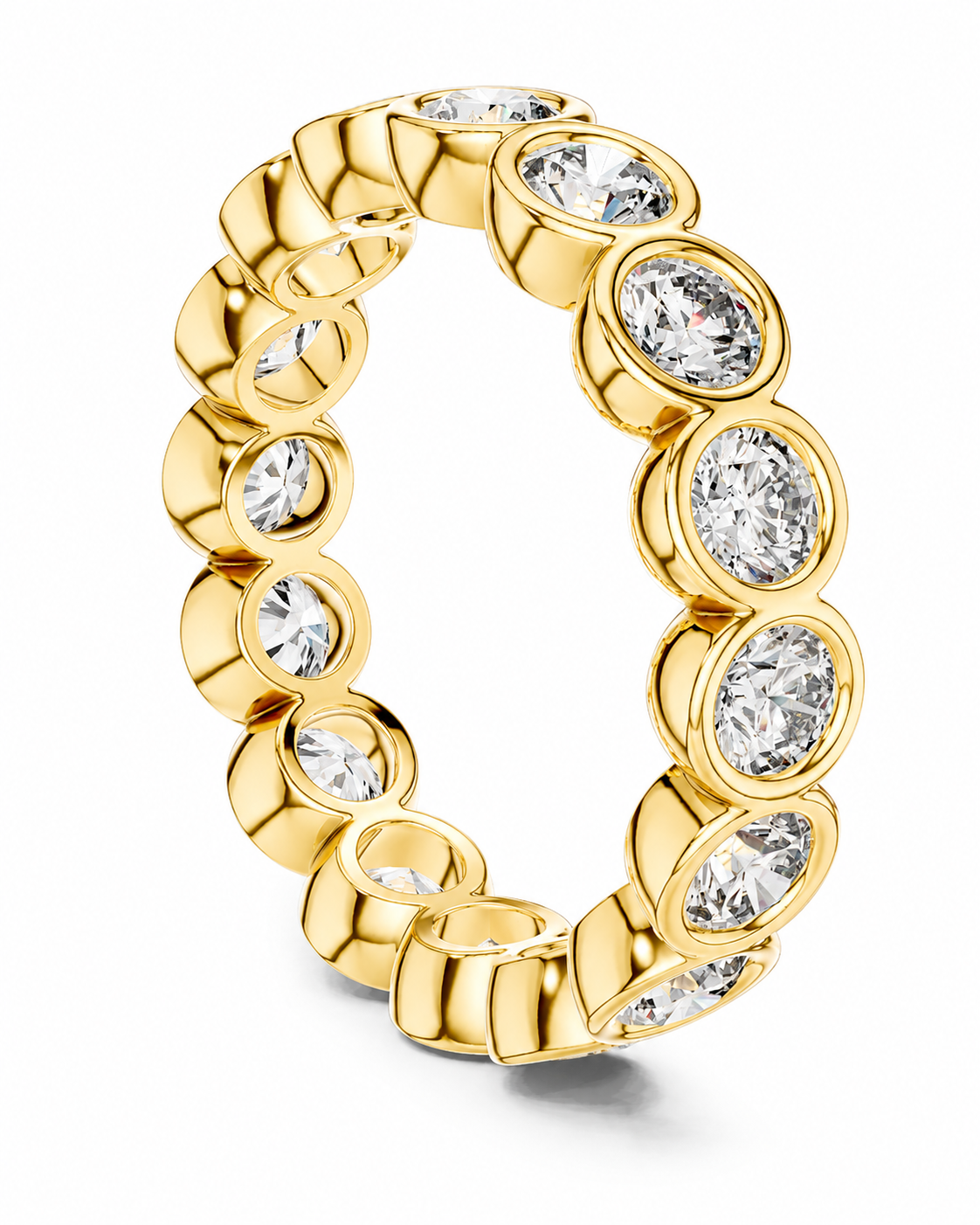 color_10K_YG, color_14K_YG &&	
A yellow gold eternity ring featuring a continuous row of bezel-set oval clear gemstones on a white background.