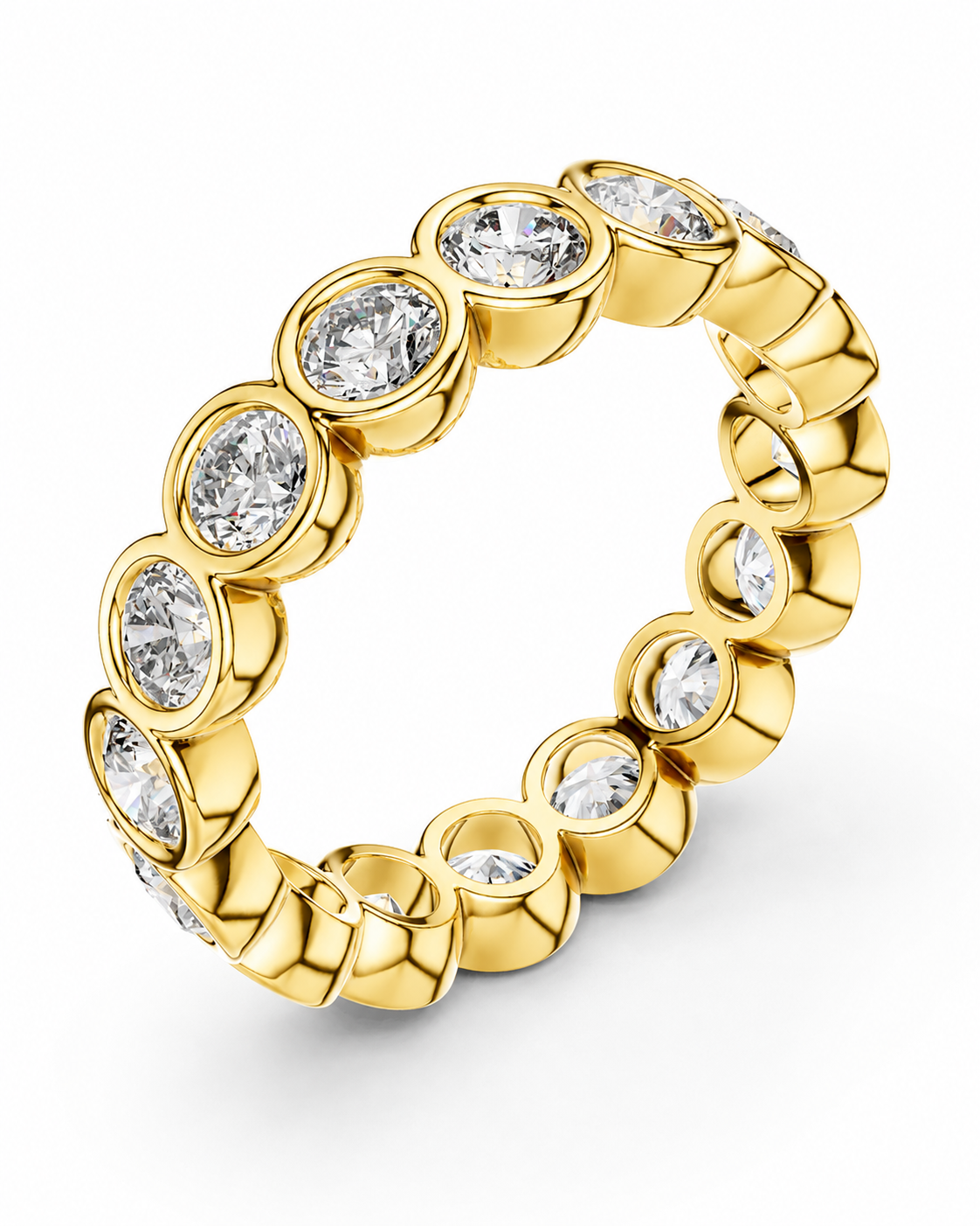 color_10K_YG, color_14K_YG &&	
A yellow gold eternity ring featuring a continuous row of bezel-set round diamonds on a clean white background.