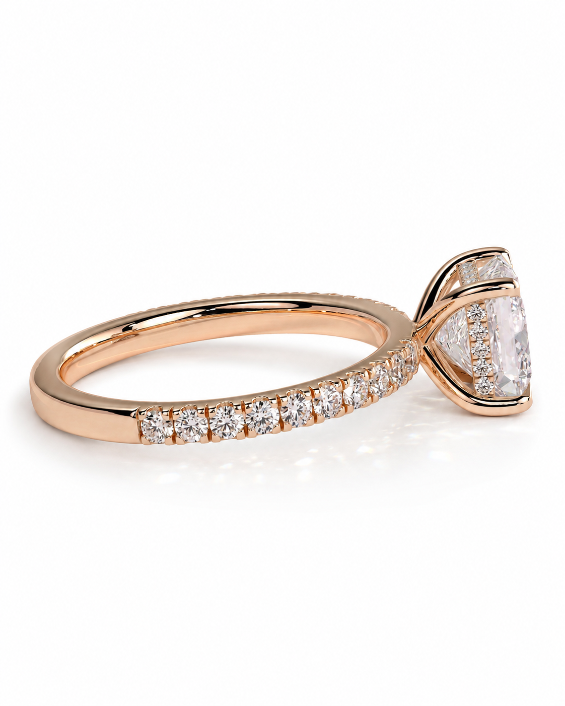 color_10K_RG, color_14K_RG &&A rose gold engagement ring featuring a large triangular clear gemstone in a prong setting, with a pave band of small round diamonds on a clean white background.