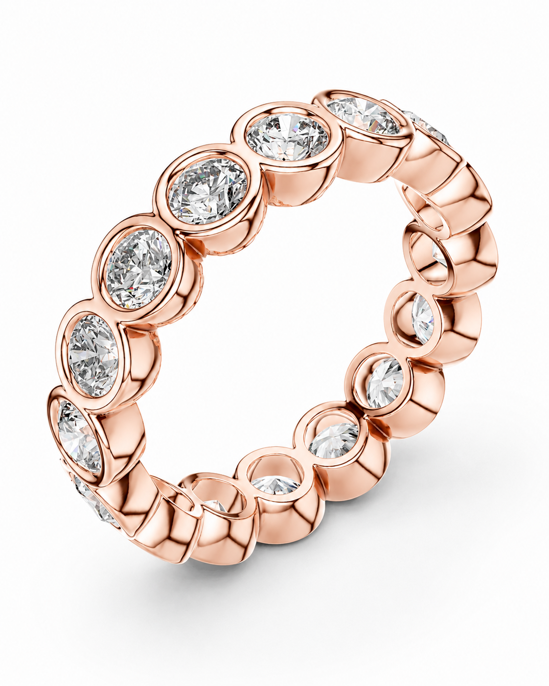 color_10K_RG, color_14K_RG &&	A rose gold eternity ring featuring a continuous row of bezel-set round diamonds on a clean white background.