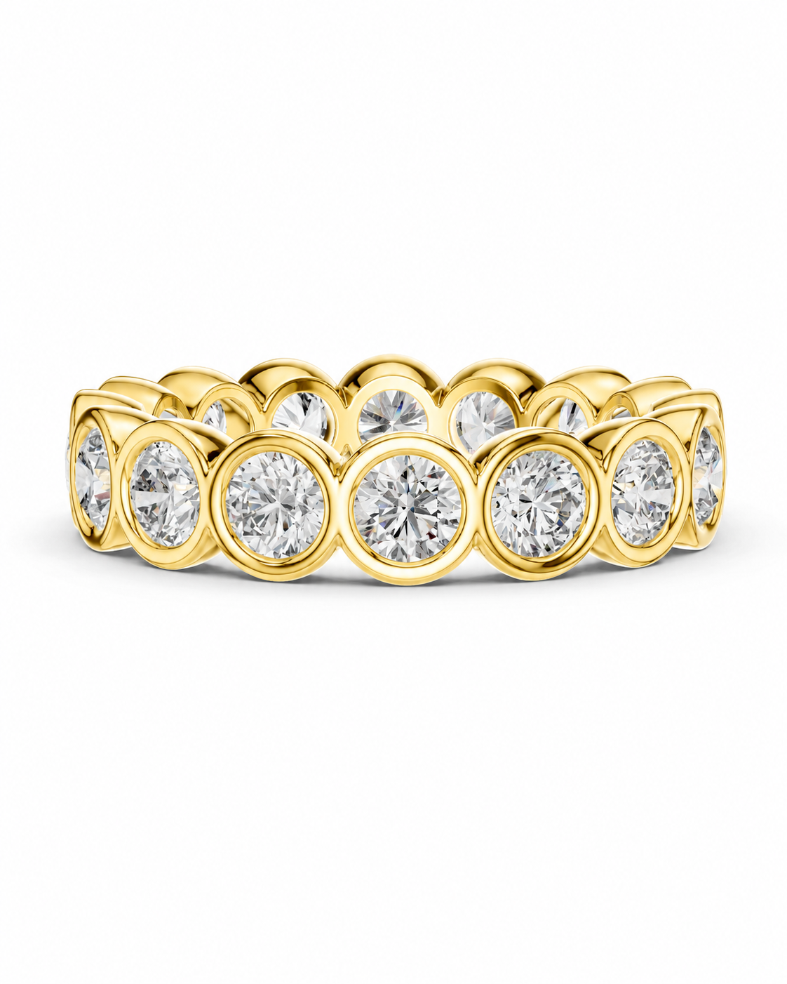 color_10K_YG, color_14K_YG &&	
A yellow gold eternity-style ring featuring a continuous row of round brilliant-cut clear gemstones in bezel settings, shown on a clean white background.