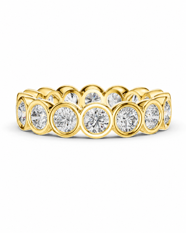 color_10K_YG, color_14K_YG &&	
A yellow gold eternity-style ring featuring a continuous row of round brilliant-cut clear gemstones in bezel settings, shown on a clean white background.