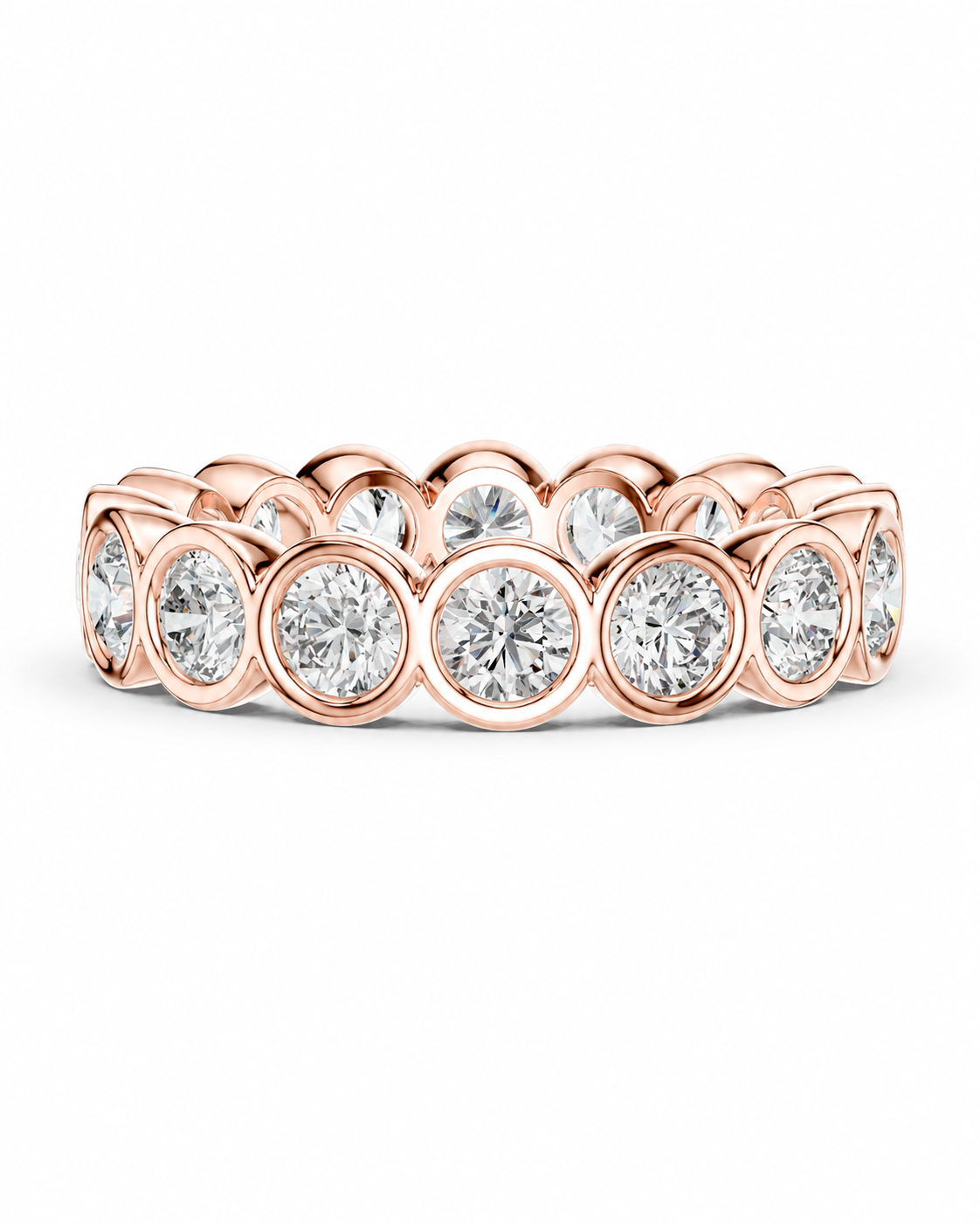 color_10K_RG, color_14K_RG &&	A rose gold eternity band ring featuring a continuous row of round-cut clear gemstones in bezel settings, shown against a plain white background.