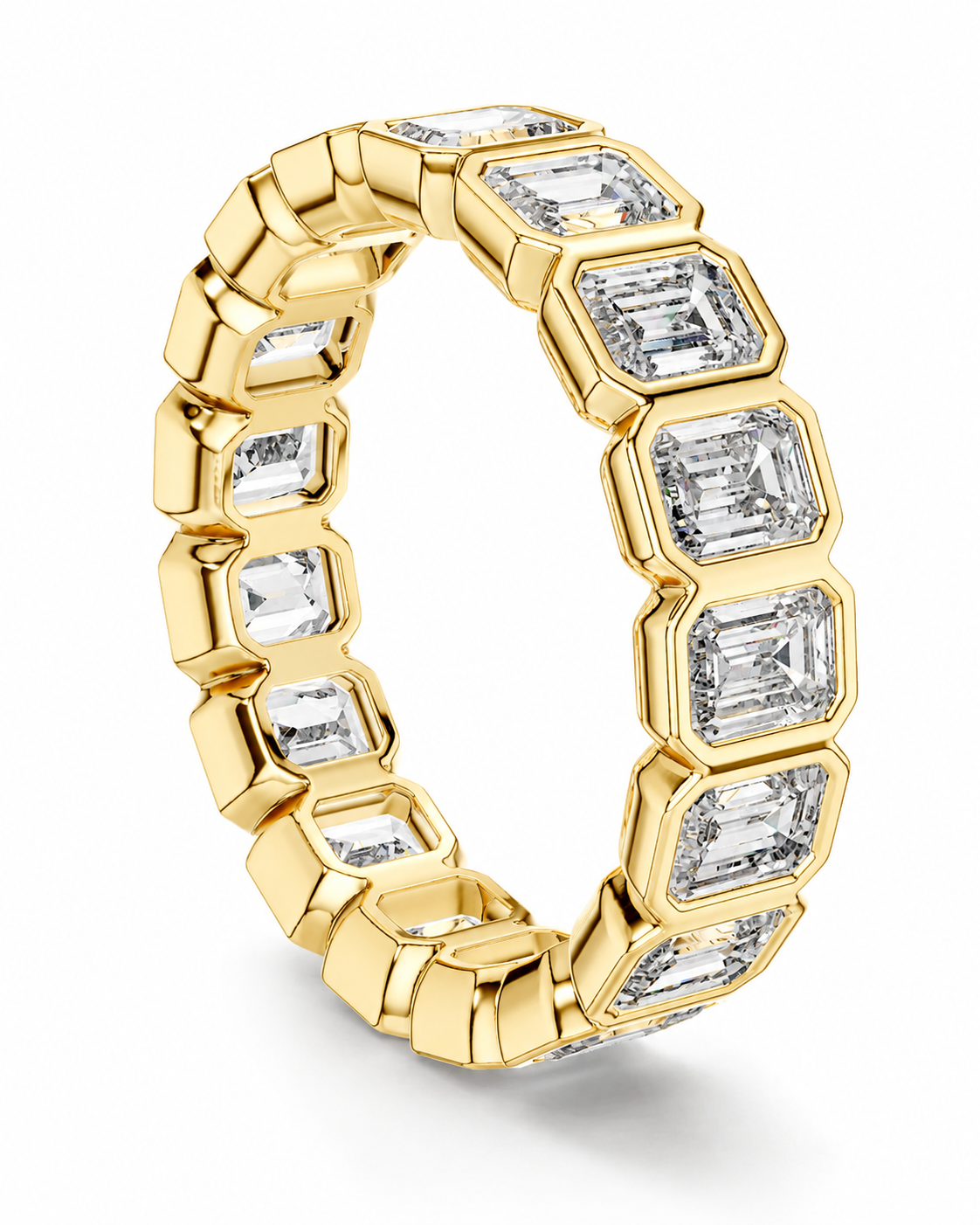 color_10K_YG, color_14K_YG &&	
A yellow gold eternity ring featuring a continuous row of baguette-cut clear gemstones in bezel settings, shown on a clean white background.