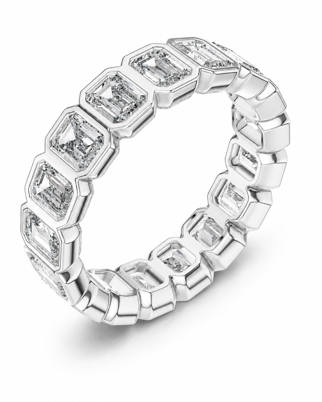color_925_SIL,color_935_ARG,color_10K_WG, color_14K_WG &&	
A silver-toned eternity ring featuring a continuous row of baguette-cut clear gemstones in a polished setting, shown on a clean white background.