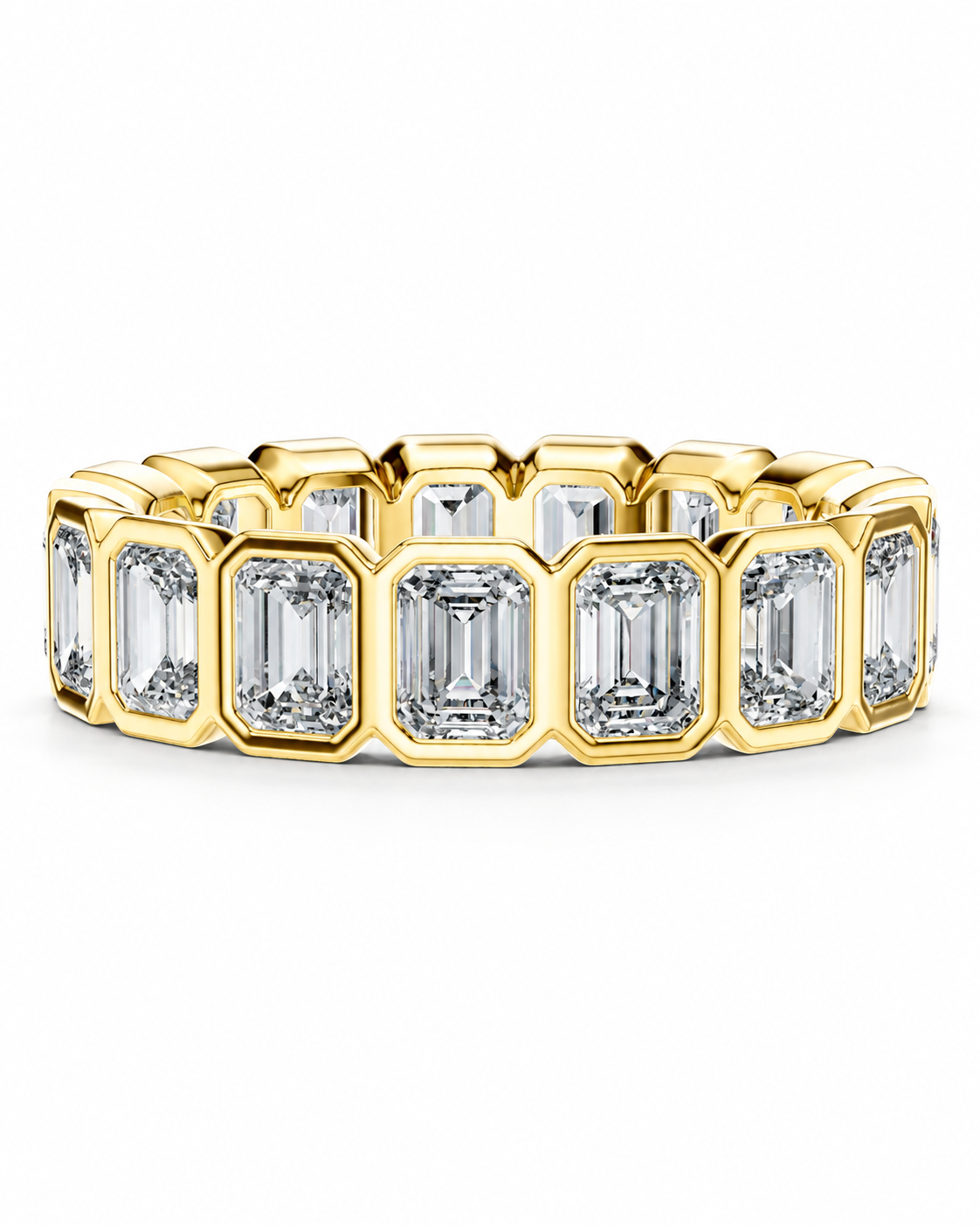 color_10K_YG, color_14K_YG &&	
A yellow gold eternity ring featuring a row of baguette-cut clear gemstones in a bezel setting, shown on a clean white background.