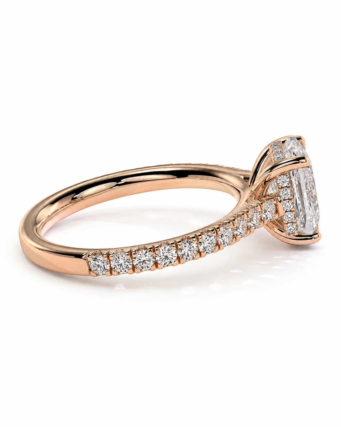 color_10K_RG, color_14K_RG &&A rose gold engagement ring featuring a large emerald-cut diamond center stone and a pave band with smaller round diamonds, shown on a clean white background.
