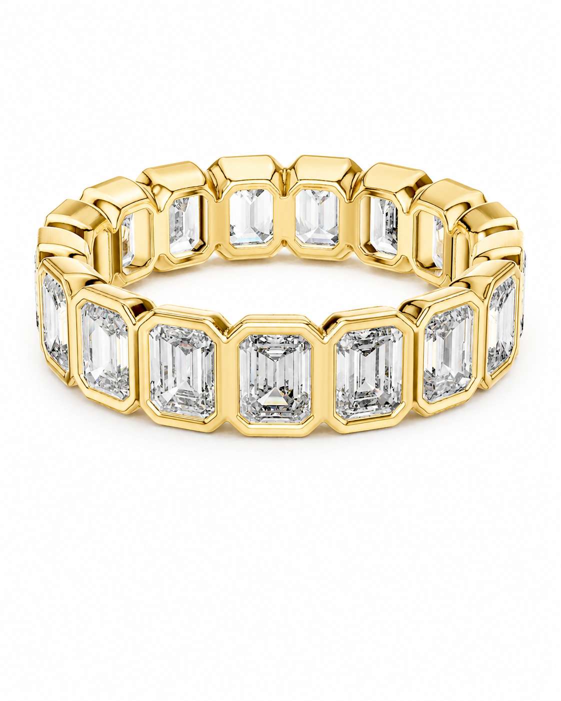 color_10K_YG, color_14K_YG &&	
A yellow gold eternity band ring featuring a row of baguette-cut clear gemstones in a bezel setting, shown on a solid white background.