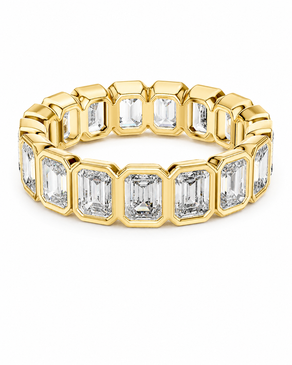 color_10K_YG, color_14K_YG &&	
A yellow gold eternity band ring featuring a row of baguette-cut clear gemstones in a bezel setting, shown on a solid white background.