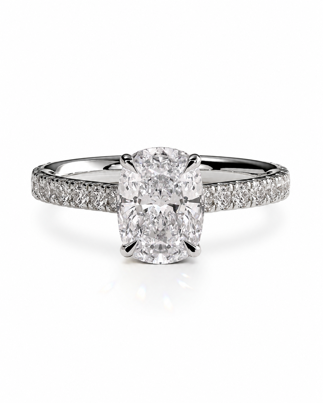color_925_SIL,color_935_ARG,color_10K_WG, color_14K_WG &&A radiant cut diamond engagement ring with a pave-set diamond band in a silver-toned metal, shown on a clean white background.