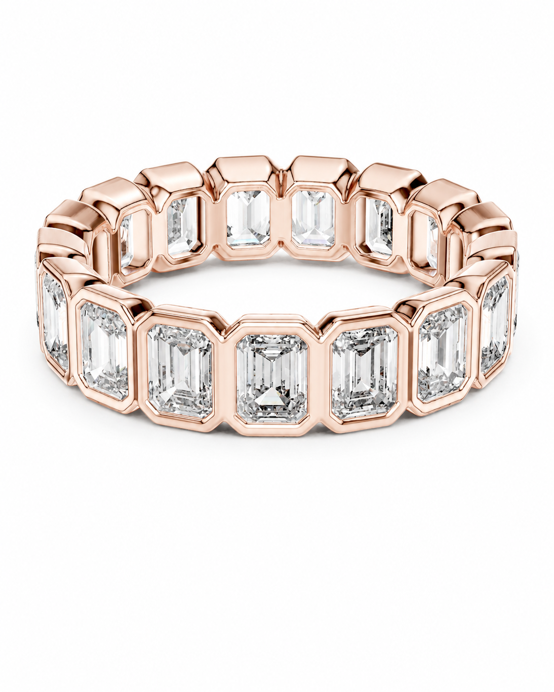 color_10K_RG, color_14K_RG &&	A rose gold eternity ring featuring a continuous row of baguette-cut clear gemstones in a polished setting, shown against a plain white background.