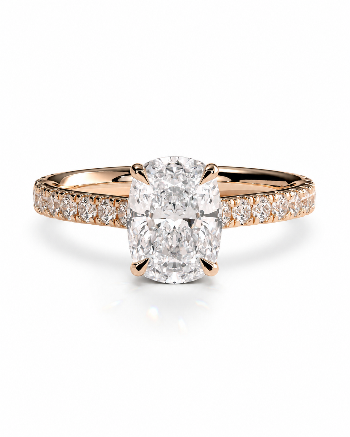 color_10K_RG, color_14K_RG &&A rose gold engagement ring featuring a large oval-cut diamond center stone and a pave diamond band, set against a clean white background.