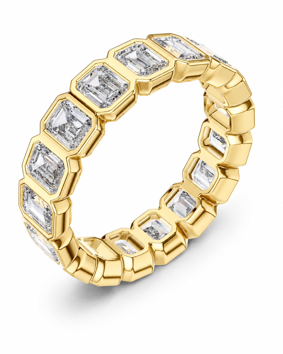 color_10K_YG, color_14K_YG &&	
A yellow gold eternity ring featuring a continuous row of baguette-cut clear gemstones, shown on a clean white background.