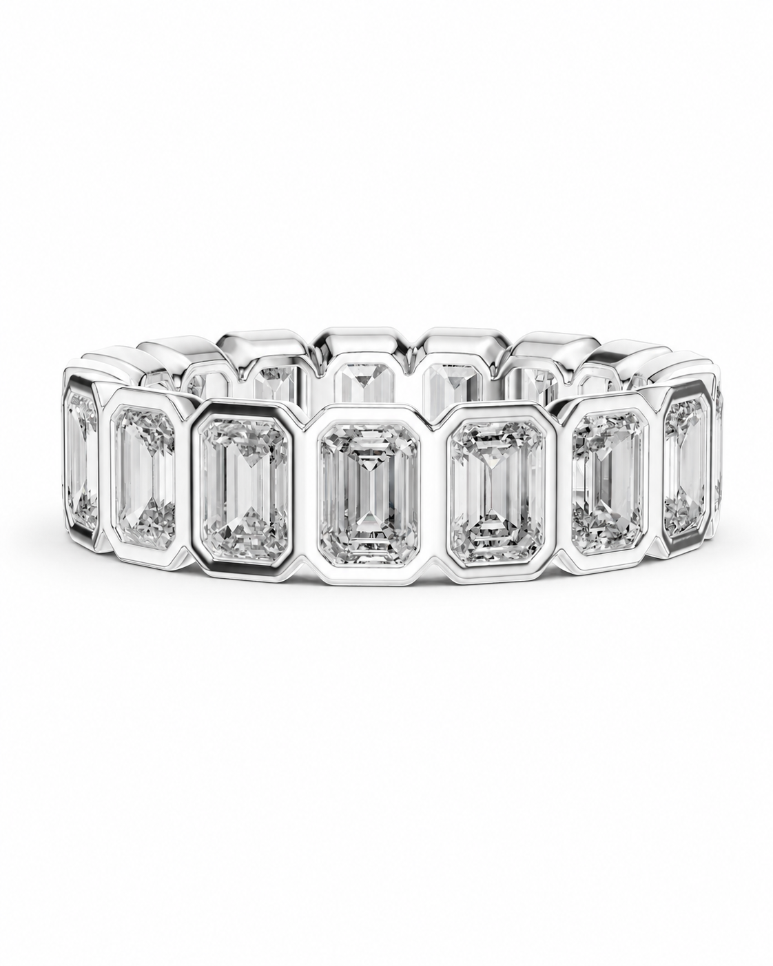 color_925_SIL,color_935_ARG,color_10K_WG, color_14K_WG &&	
A silver-toned eternity ring featuring a row of emerald-cut clear gemstones in bezel settings, shown on a clean white background.