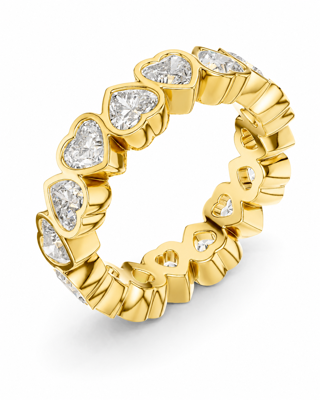 color_10K_YG, color_14K_YG &&	
A yellow gold eternity ring featuring a continuous row of heart-shaped clear gemstones in a beaded, segmented design, shown on a clean white background.