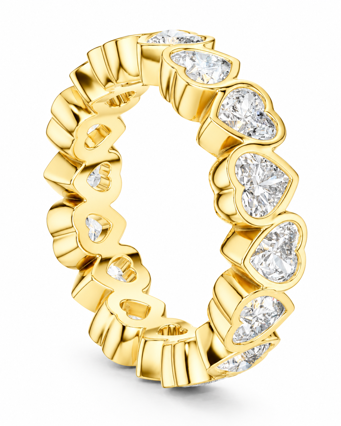 color_10K_YG, color_14K_YG &&	
A yellow gold eternity ring featuring a continuous row of heart-shaped clear gemstones in bezel settings, shown on a clean white background.