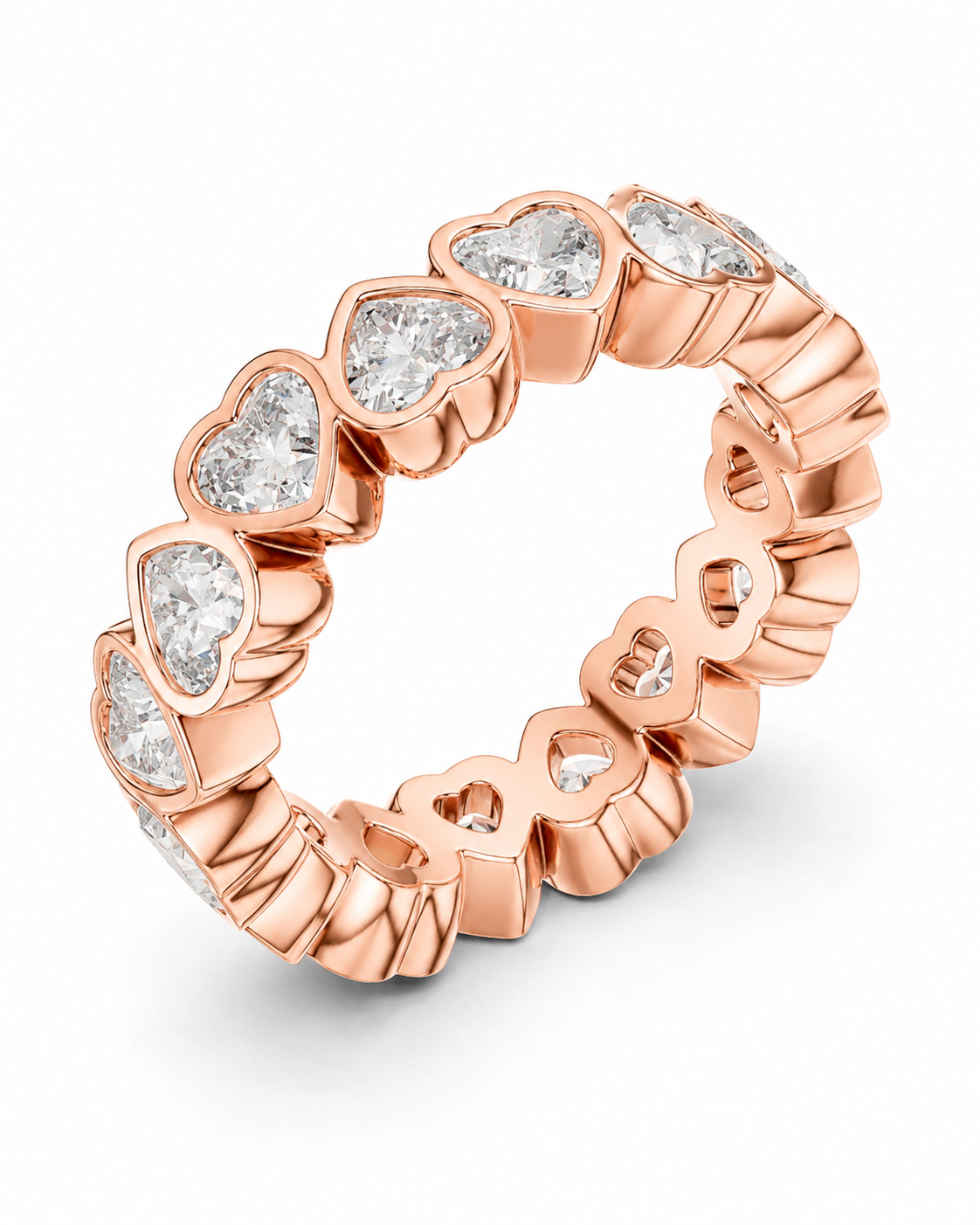 color_10K_RG, color_14K_RG &&	A rose gold eternity ring featuring a continuous row of heart-shaped clear gemstones in a polished setting, shown on a clean white background.