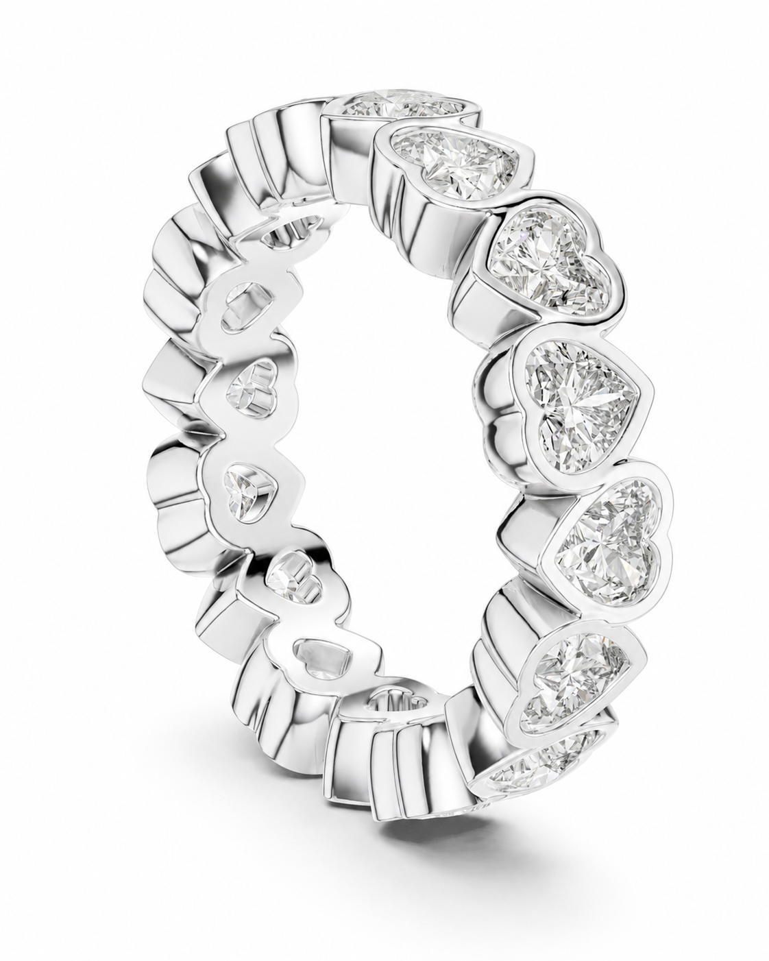 color_925_SIL,color_935_ARG,color_10K_WG, color_14K_WG &&	
A silver heart eternity ring featuring multiple heart-shaped clear gemstones set in polished silver-toned metal, shown on a clean white background.