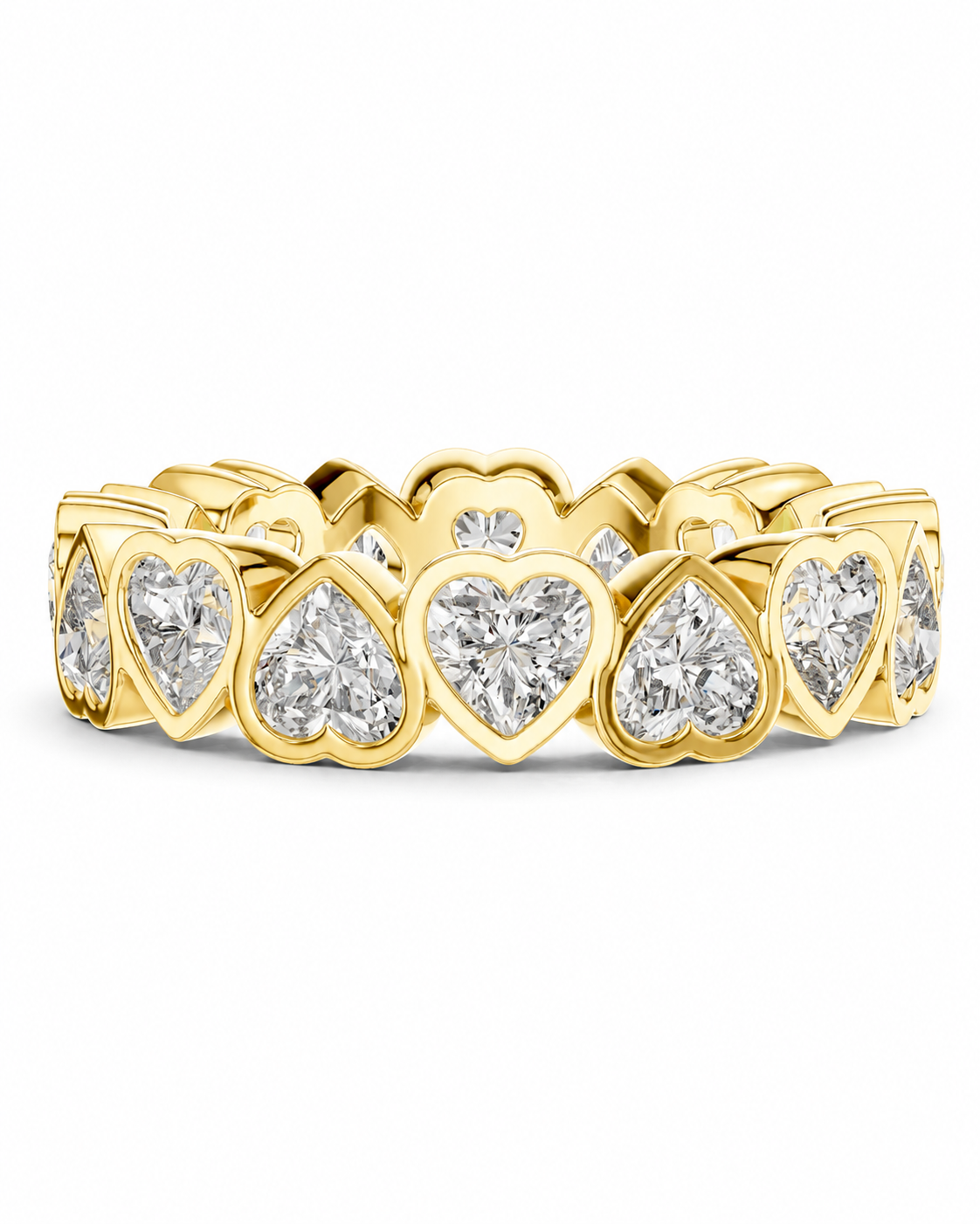 color_10K_YG, color_14K_YG &&	
A yellow gold eternity band ring featuring a continuous row of heart-shaped diamond settings, photographed on a clean white background.