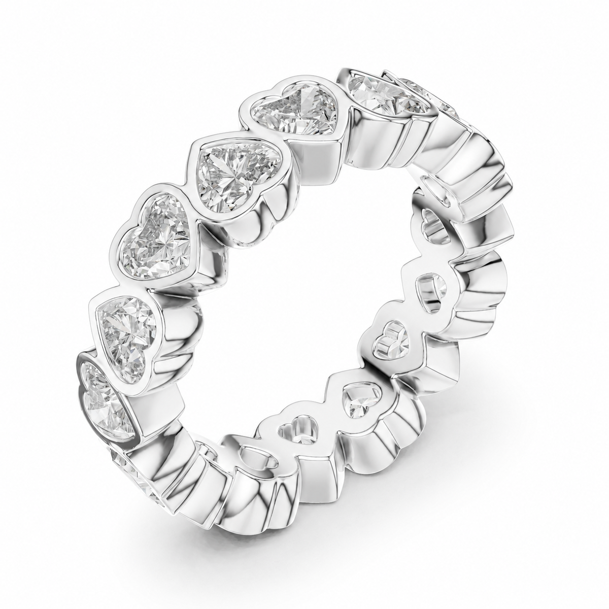 color_925_SIL,color_935_ARG,color_10K_WG, color_14K_WG &&	
A silver heart eternity ring featuring a continuous row of bezel-set heart-shaped clear gemstones on a white background.